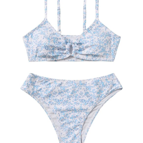 COZYEASE Girls' 2 Piece Ditsy Floral Print Knot Front Ruched Triangle Bikini - Picture 1 of 2